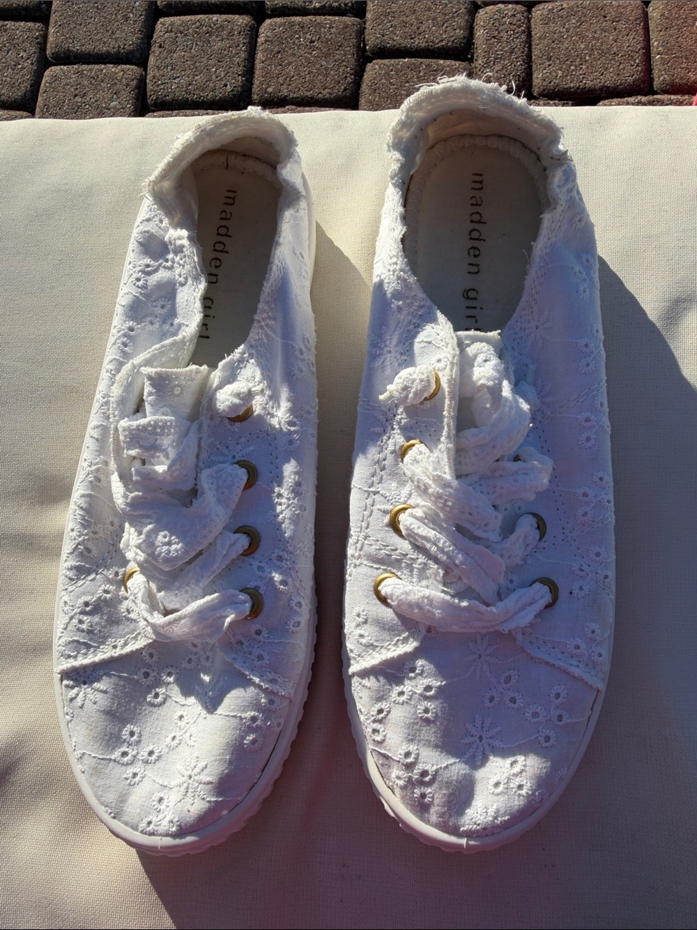 Madden Girl White Eyelet Lace-Up Sneakers with Gold Eyelets